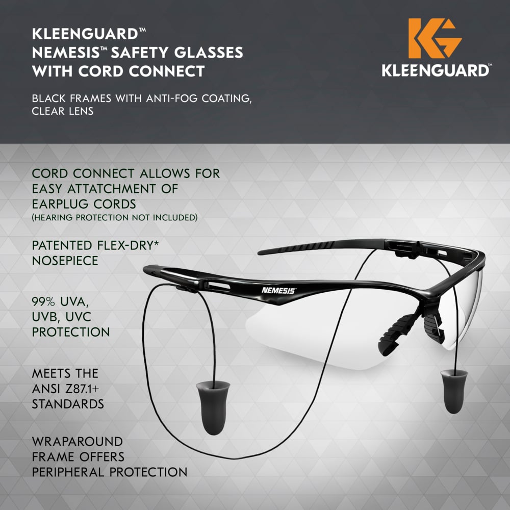 KleenGuard™ V30 Nemesis™ Safety Glasses with Cord Connect (55401), Clear Lenses with KleenVision™ Anti-Fog coating, Black Frame, Unisex Sunglasses for Men and Women (12 Pairs/Case) - 55401