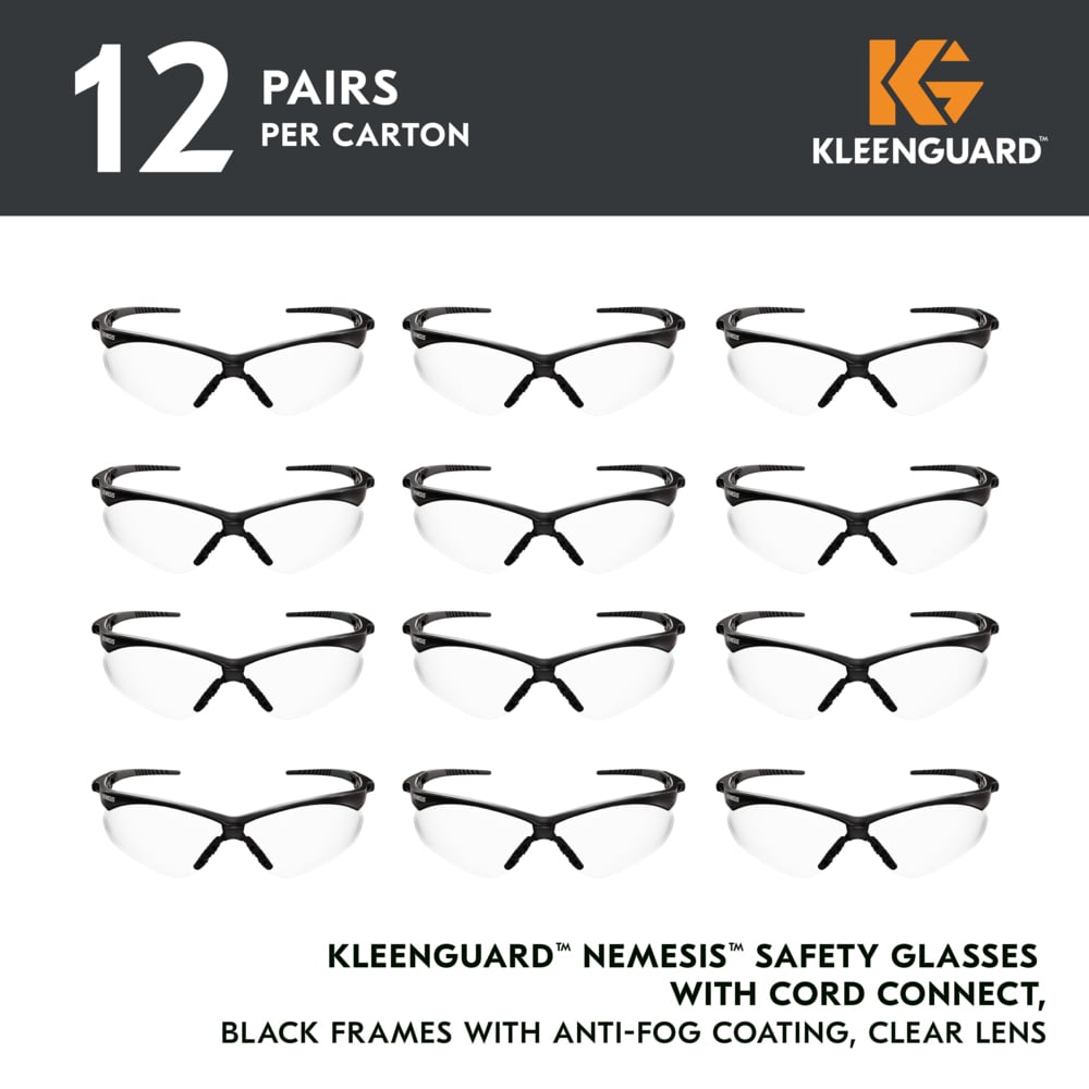KleenGuard™ V30 Nemesis™ Safety Glasses with Cord Connect (55401), Clear Lenses with KleenVision™ Anti-Fog coating, Black Frame, Unisex Sunglasses for Men and Women (12 Pairs/Case) - 55401