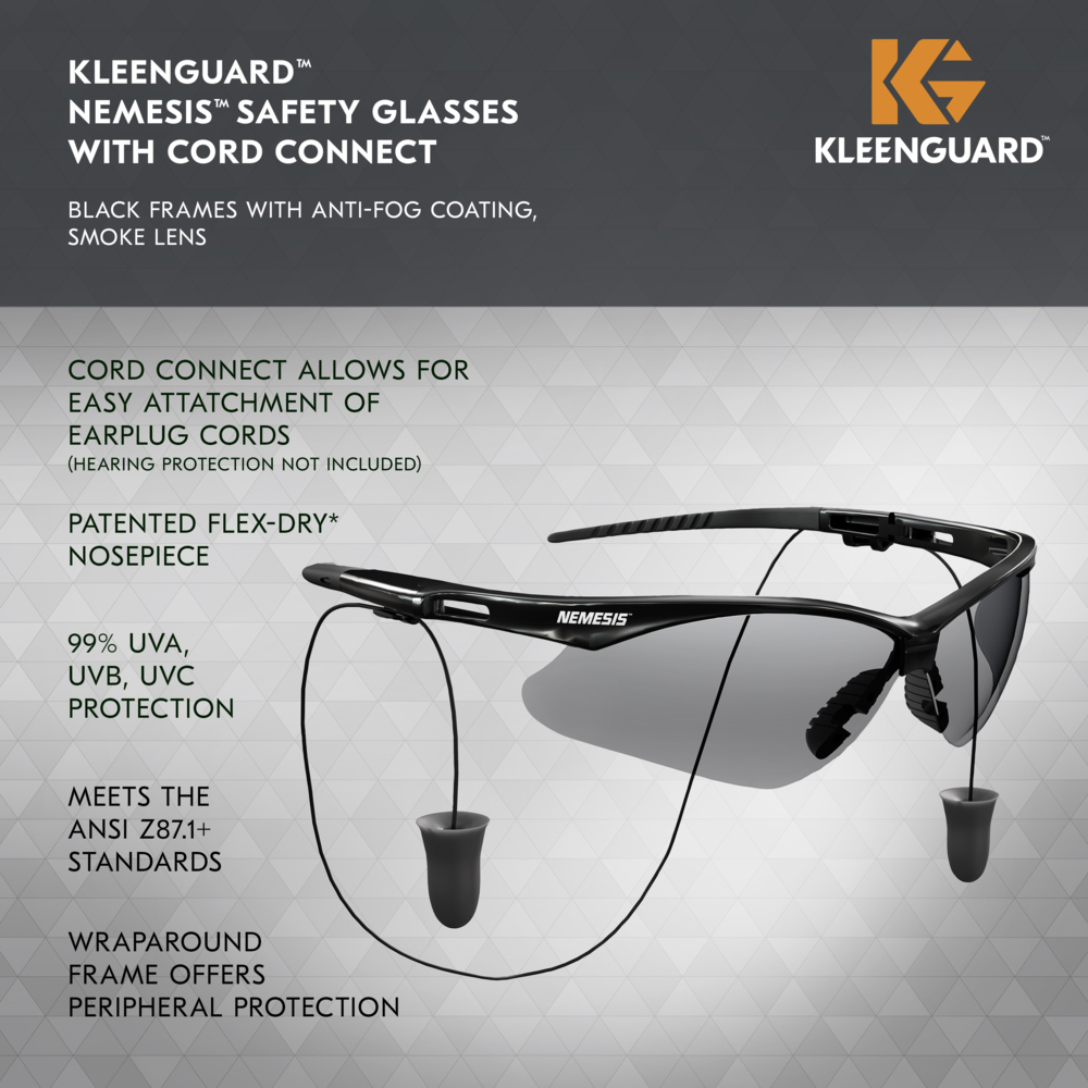 KleenGuard™ V30 Nemesis™ Safety Glasses with Cord Connect (55391), Smoke Lenses with KleenVision™ Anti-Fog coating, Black Frame, Unisex Sunglasses for Men and Women (12 Pairs/Case) - 55391