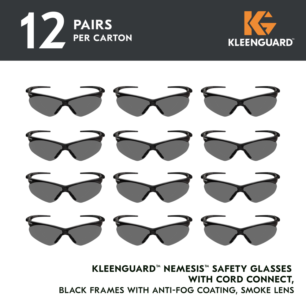 KleenGuard™ V30 Nemesis™ Safety Glasses with Cord Connect (55391), Smoke Lenses with KleenVision™ Anti-Fog coating, Black Frame, Unisex Sunglasses for Men and Women (12 Pairs/Case) - 55391