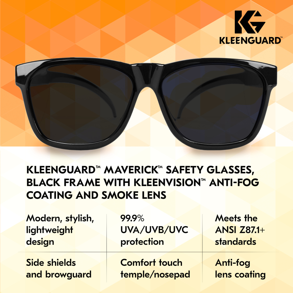 KleenGuard™ V30 Maverick™ Safety Glasses (49311), Smoke Lenses with KleenVision™ Anti-Fog coating, Black Frame, Unisex Sunglasses for Men and Women (12 Pairs/Case) - 49311