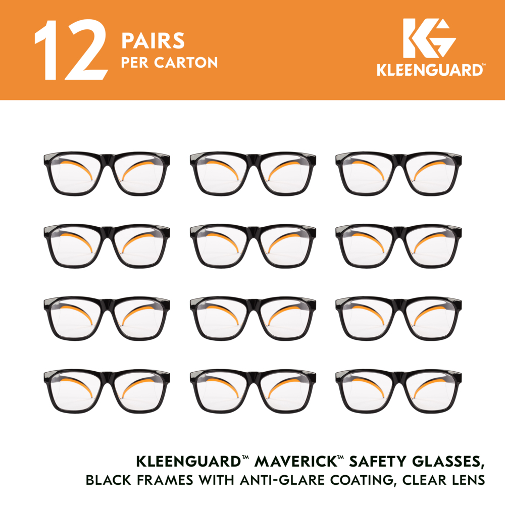 KleenGuard™ V30 Maverick™ Safety Glasses (49312), Clear Lenses with Anti-Glare coating, Black Frame, Unisex Eyewear for Men and Women (12 Pairs/Case) - 49312