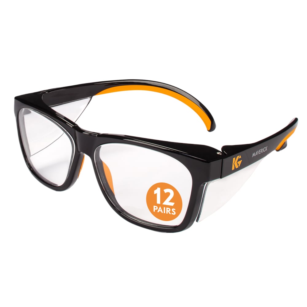 Protection des yeux Maverick de KleenGuard, (49312), verres antireflets transparents avec monture noire et embouts orange, 12 paires/caisse - 49312