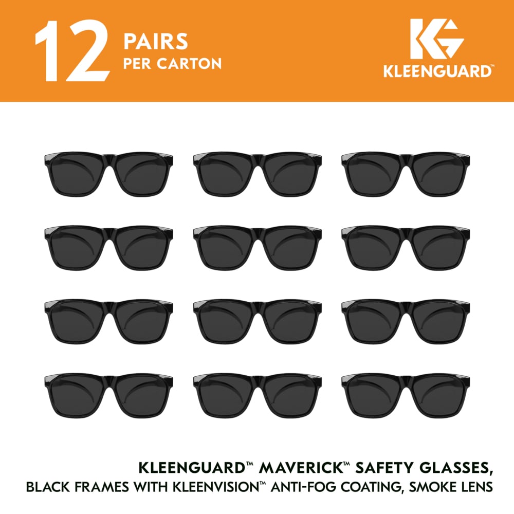 KleenGuard™ V30 Maverick™ Safety Glasses (49311), Smoke Lenses with KleenVision™ Anti-Fog coating, Black Frame, Unisex Sunglasses for Men and Women (12 Pairs/Case) - 49311