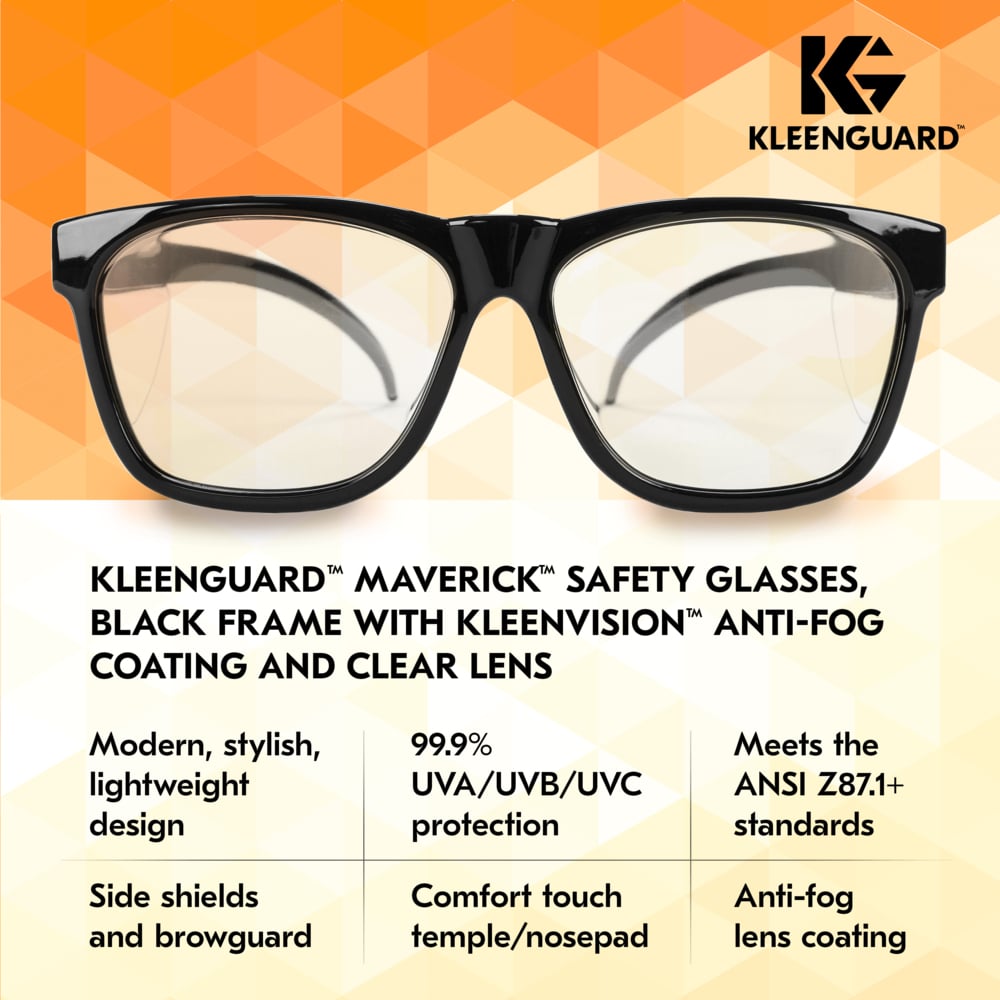 KleenGuard™ V30 Maverick™ Safety Glasses (49309), Clear Lenses with KleenVision™ Anti-Fog coating, Black Frame, Unisex Eyewear for Men and Women (12 Pairs/Case) - 49309