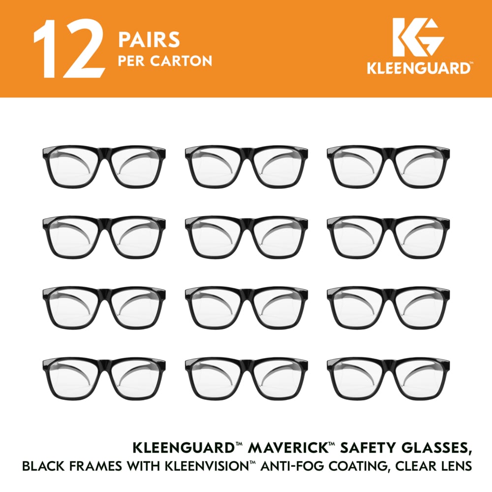 KleenGuard™ V30 Maverick™ Safety Glasses (49309), Clear Lenses with KleenVision™ Anti-Fog coating, Black Frame, Unisex Eyewear for Men and Women (12 Pairs/Case) - 49309