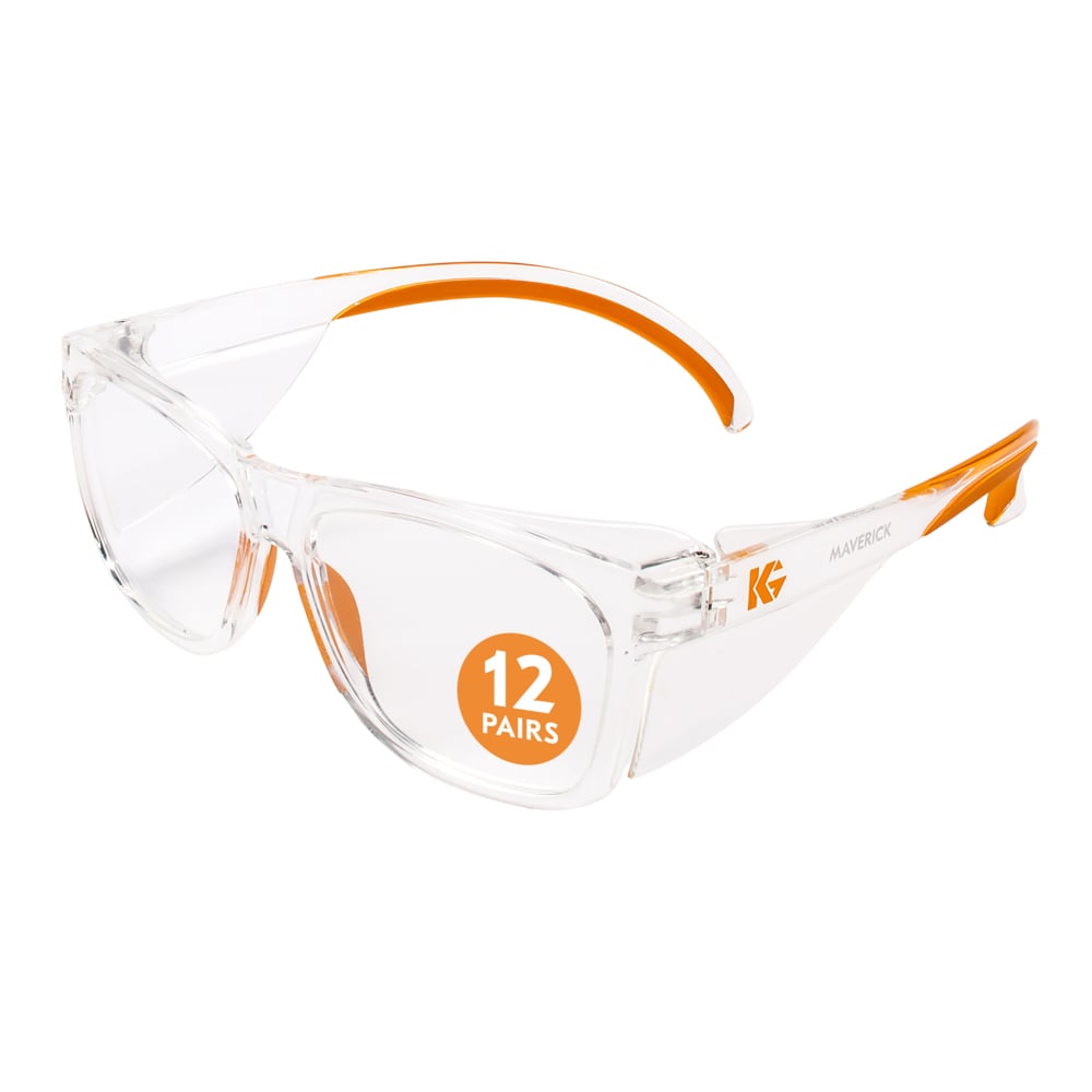 Protection des yeux KleenGuard™ V30 Maverick (49301), avec revêtement antibuée KleenVision™, verres transparents, monture transparente avec embouts orange (qté 12) - 49301