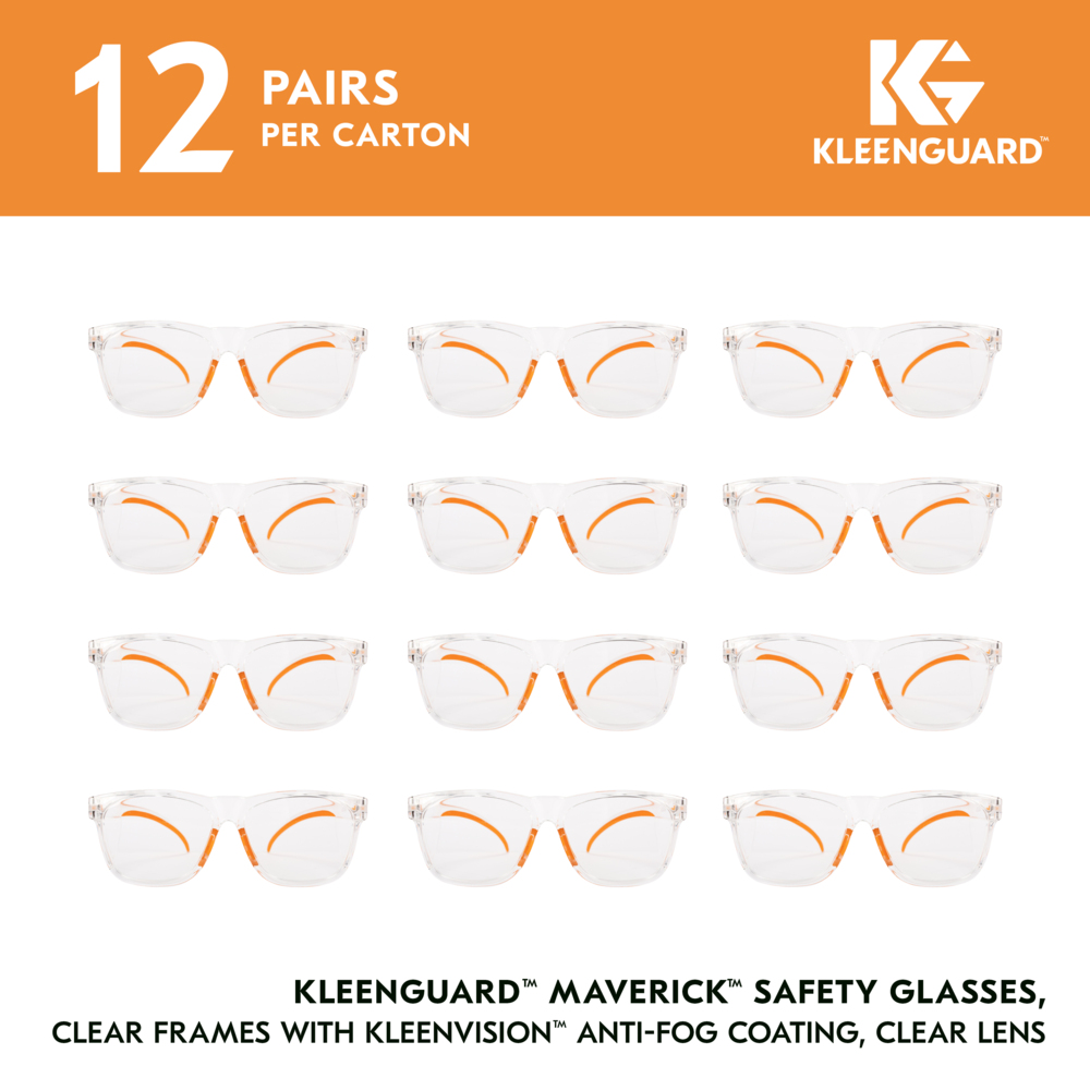 KleenGuard™ V30 Maverick™ Safety Glasses (49301), Clear Lenses with KleenVision™ Anti-Fog coating, Clear Frame, Unisex Eyewear for Men and Women (12 Pairs/Case) - 49301