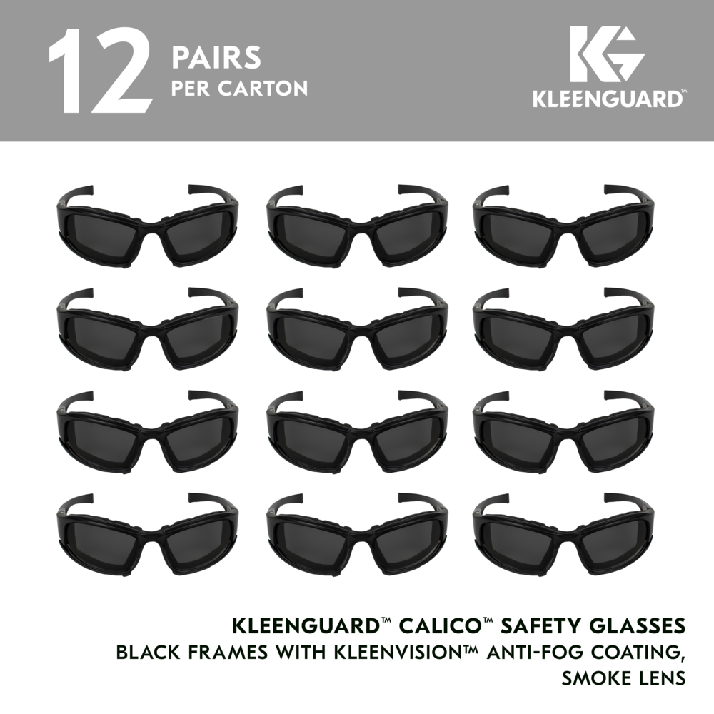 KleenGuard™ V50 Calico™ Safety Glasses (25675), Smoke Lenses with KleenVision™ Anti-Fog coating, Black Frame, Unisex Eyewear for Men and Women (12 Pairs/Case) - 25675