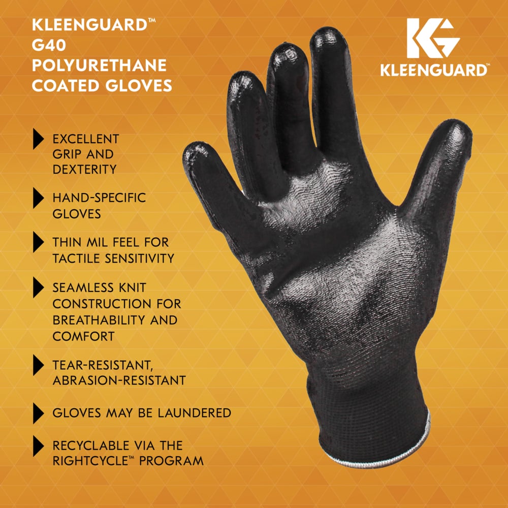 KleenGuard™ G40 Polyurethane Coated Gloves (13840), Thin Mil, Hand-Specific, Black, XL (12 Pairs/Bag, 5 Bags/Case, 60 Pairs/Case) - 13840