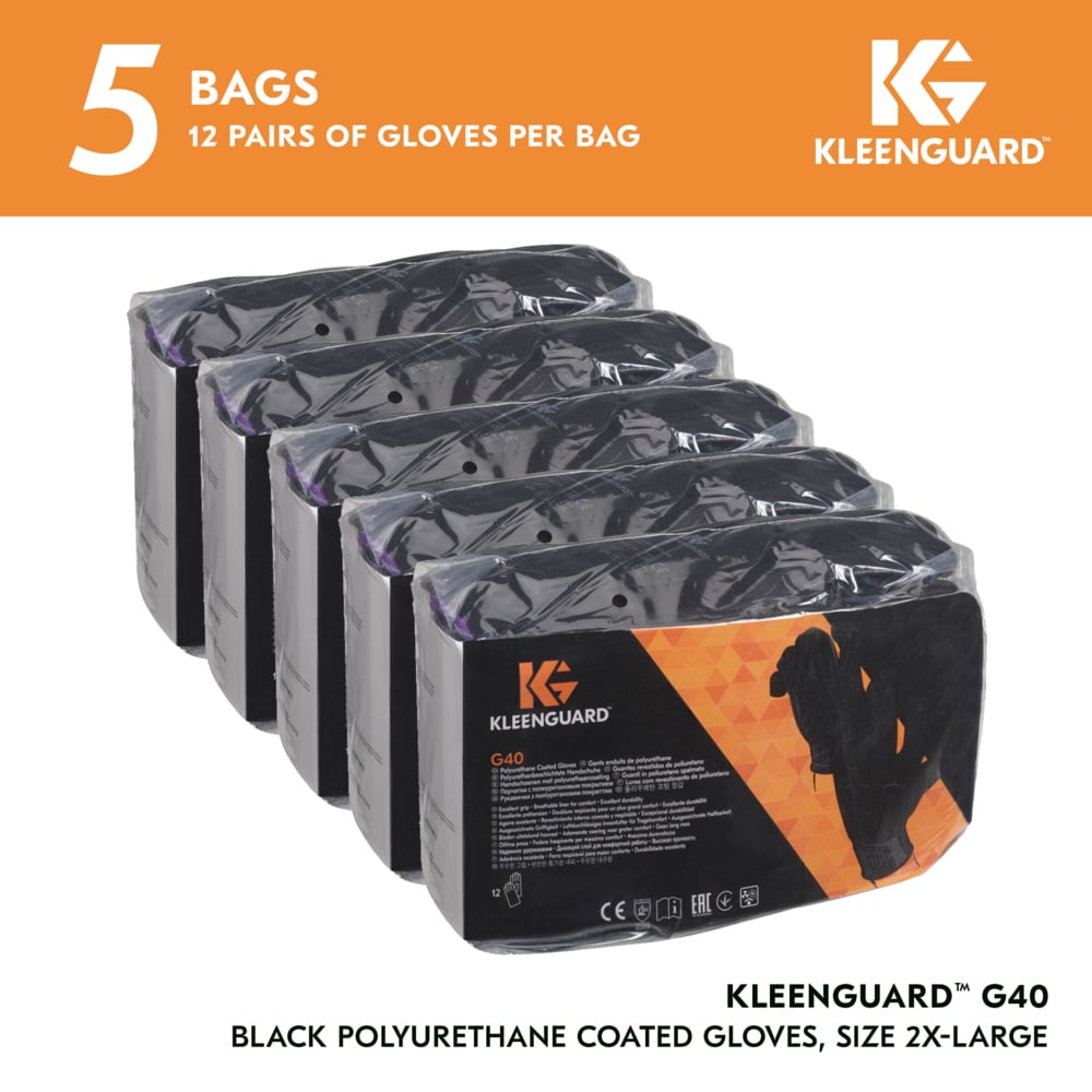 KleenGuard™ G40 Polyurethane Coated Gloves (13841), Thin Mil, Hand-Specific, Black, 2XL (12 Pairs/Bag, 5 Bags/Case, 60 Pairs/Case) - 13841