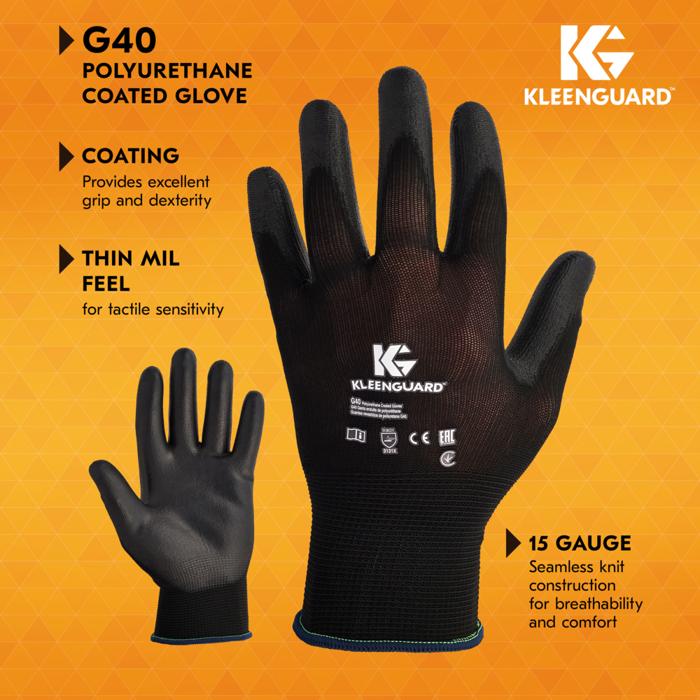 KleenGuard™ G40 Polyurethane Coated Gloves (13841), Thin Mil, Hand-Specific, Black, 2XL (12 Pairs/Bag, 5 Bags/Case, 60 Pairs/Case) - 13841