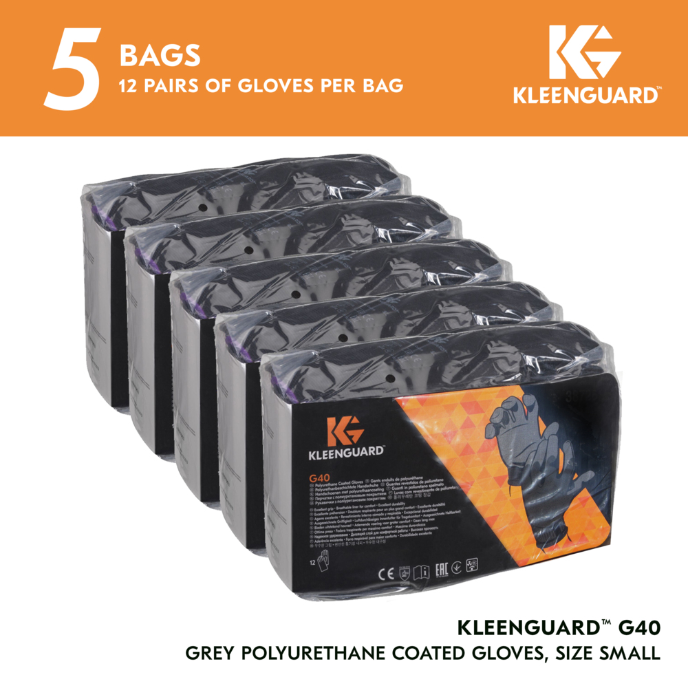 KleenGuard™ G40 Polyurethane Coated Gloves (38726), Thin Mil, Hand-Specific, Black/Grey, S (12 Pairs/Bag, 5 Bags/Case, 60 Pairs/Case) - 38726