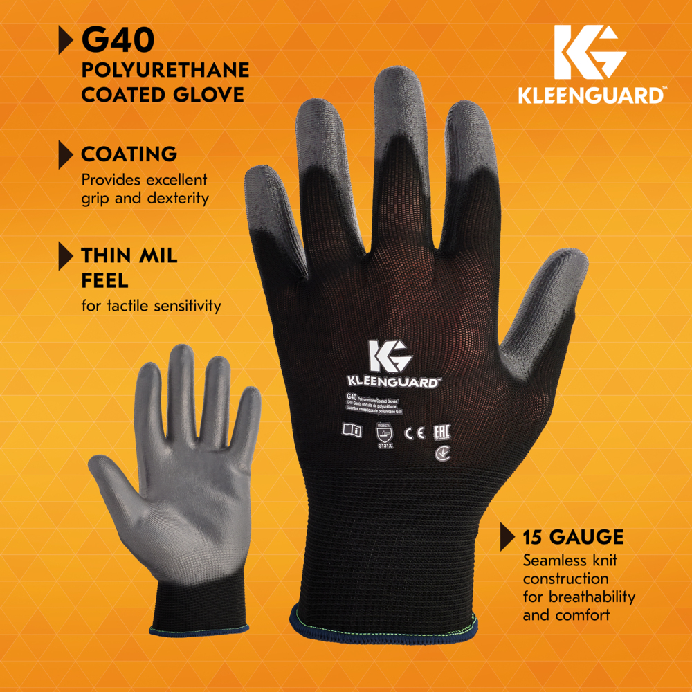 KleenGuard™ G40 Polyurethane Coated Gloves (38726), Thin Mil, Hand-Specific, Black/Grey, S (12 Pairs/Bag, 5 Bags/Case, 60 Pairs/Case) - 38726