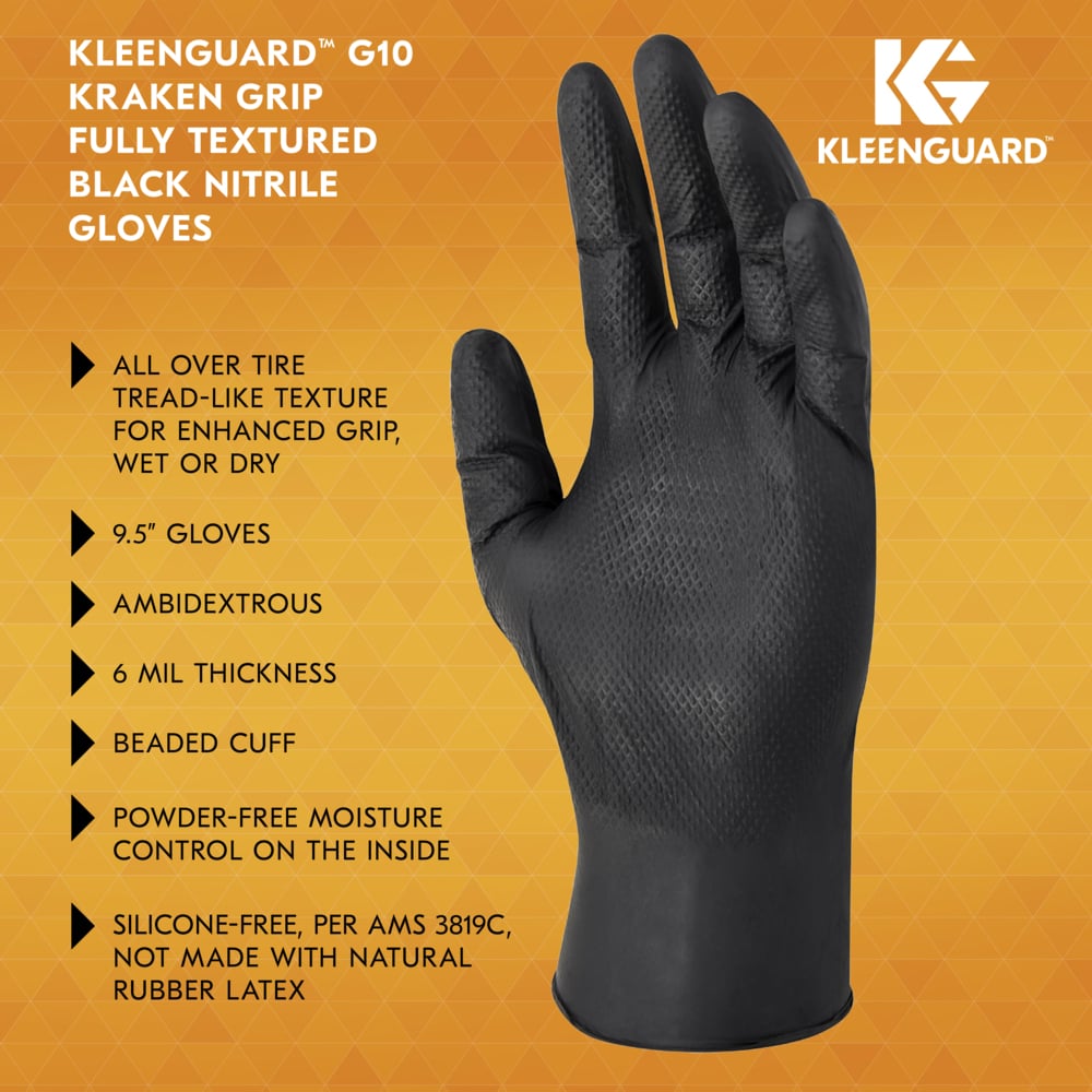 KleenGuard™ G10 Kraken Grip™ Fully Textured Black Nitrile Gloves (49276), 6 Mil, Ambidextrous, M (100 Gloves/Box, 10 Boxes/Case, 1,000 Gloves/Case) - 49276
