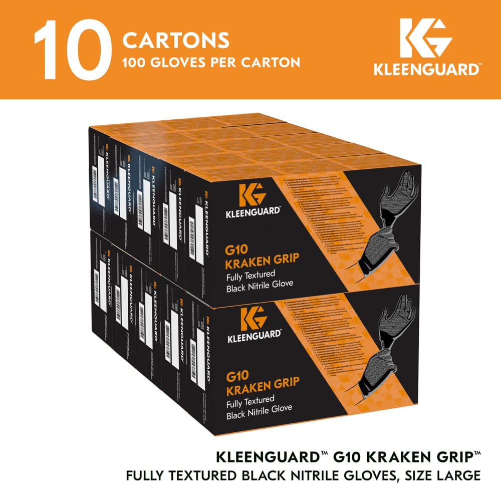 KleenGuard™ G10 Kraken Grip™ Fully Textured Black Nitrile Gloves (49277), 6 Mil, Ambidextrous, L (100 Gloves/Box, 10 Boxes/Case, 1,000 Gloves/Case) - 49277