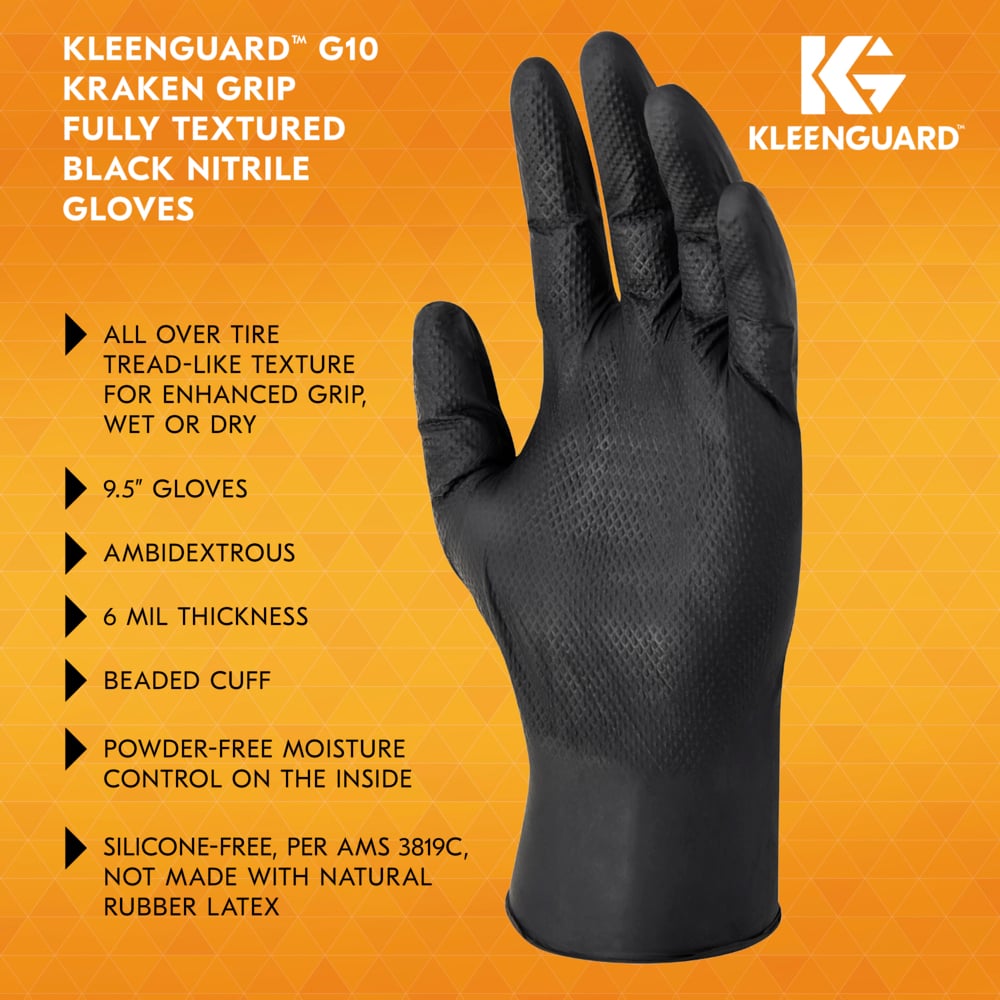 KleenGuard™ G10 Kraken Grip™ Fully Textured Black Nitrile Gloves (49277), 6 Mil, Ambidextrous, L (100 Gloves/Box, 10 Boxes/Case, 1,000 Gloves/Case) - 49277