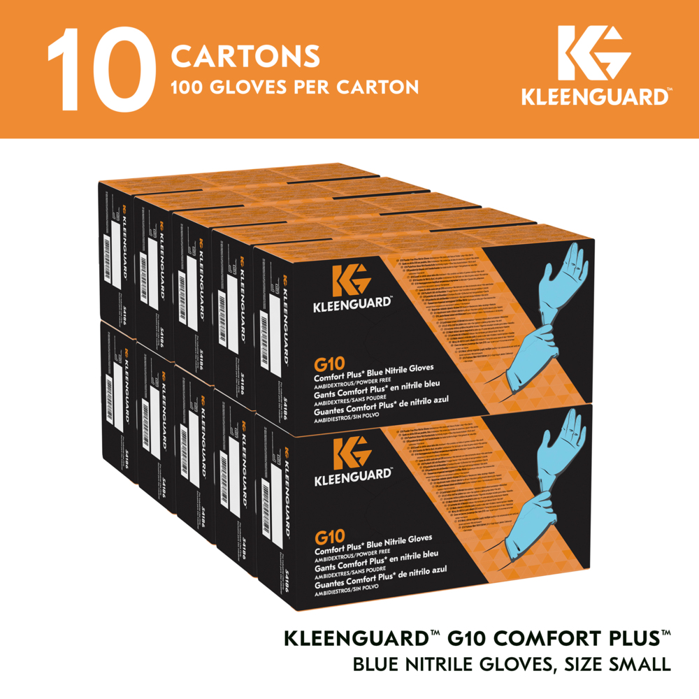 KleenGuard™ G10 Comfort Plus™ Blue Nitrile Gloves (54186), 4 Mil, Ambidextrous, Touchscreen Compatible, S (100 Gloves/Box, 10 Boxes/Case, 1,000 Gloves/Case) - 54186