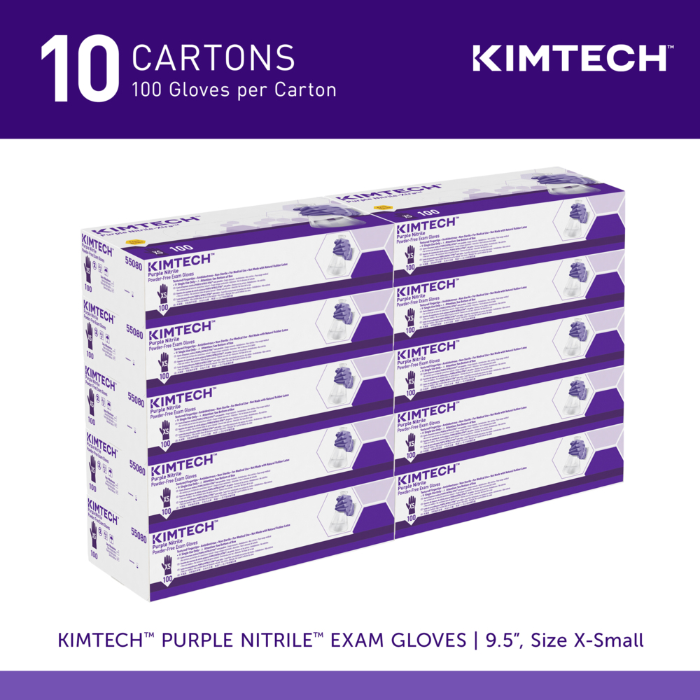 Kimtech™ Purple Nitrile™ Exam Gloves (55080), 5.9 Mil, Ambidextrous, 9.5", XS (100 Gloves/Box, 10 Boxes/Case, 1,000 Gloves/Case) - 55080