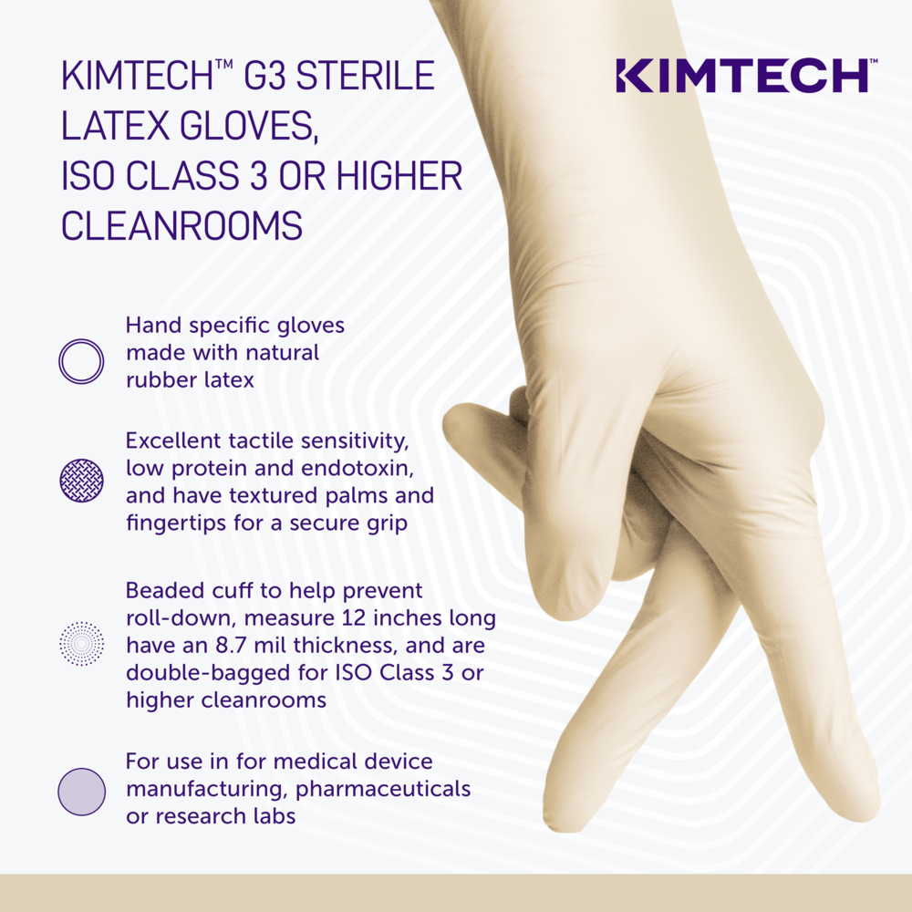 Kimtech™ G3 Sterile Latex Gloves (56842), ISO Class 3 or Higher Cleanrooms, 8 Mil, Hand Specific, 12”, Size 10.0, Natural Color, 20 Pairs/Bag, 10 Bags/Case; 200 Pairs / Case - 56842