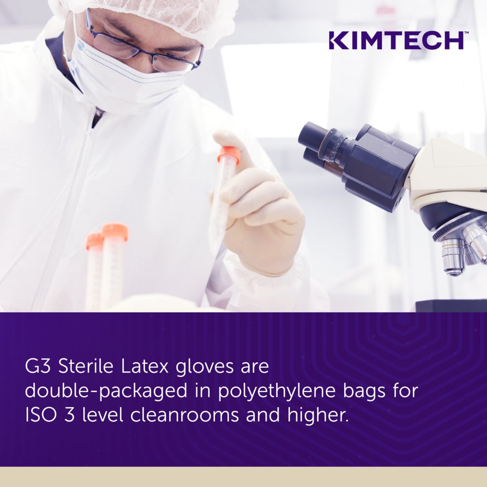 Kimtech™ G3 Sterile Latex Gloves (56843), ISO Class 3 or Higher Cleanrooms, 8 Mil, Hand Specific, 12”, Size 6.0, Natural Color, 20 Pairs/Bag, 10 Bags/Case; 200 Pairs / Case - 56843