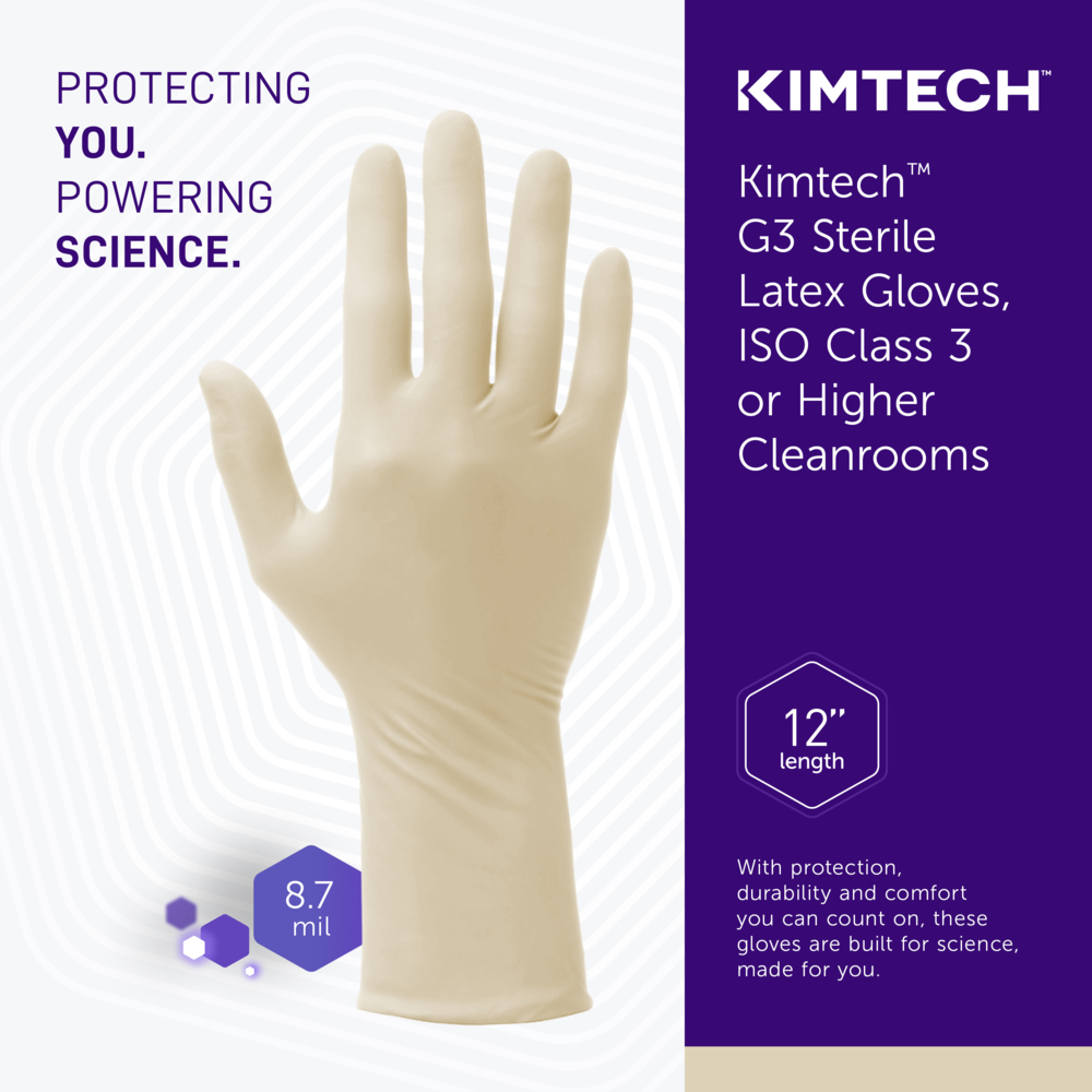Kimtech™ G3 Sterile Latex Gloves (56844), ISO Class 3 or Higher Cleanrooms, 8 Mil, Hand Specific, 12”, Size 6.5, Natural Color, 20 Pairs/Bag, 10 Bags/Case; 200 Pairs / Case - 56844