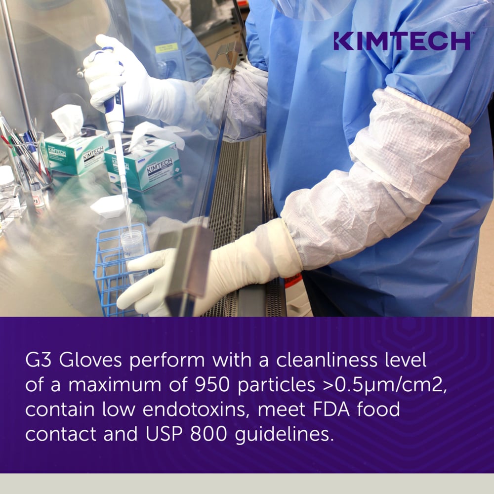 Kimtech™ G3 White Nitrile Gloves (56880), 6.3 Mil, Ambidextrous, 12", ISO Class 3 or Higher Cleanrooms, Double Bagged, XS (100 Gloves/Bag, 10 Bags/Case, 1,000 Gloves/Case) - 56880