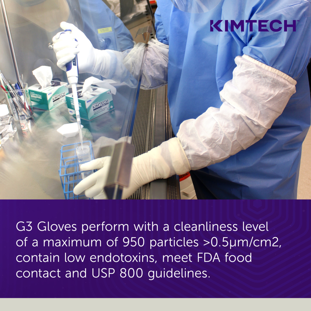 Kimtech™ G3 White Nitrile Gloves (56883), 6.3 Mil, Ambidextrous, 12", ISO Class 3 or Higher Cleanrooms, Double Bagged, L (100 Gloves/Bag, 10 Bags/Case, 1,000 Gloves/Case) - 56883
