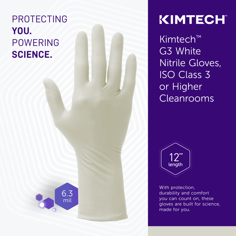 Kimtech™ G3 White Nitrile Gloves (56884), 6.3 Mil, Ambidextrous, 12", ISO Class 3 or Higher Cleanrooms, Double Bagged, L+ (100 Gloves/Bag, 10 Bags/Case, 1,000 Gloves/Case) - 56884