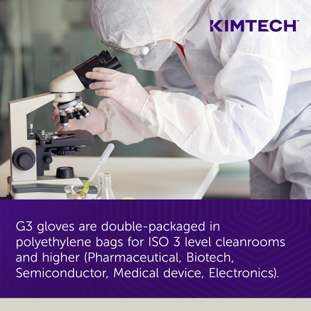 Kimtech™ G3 White Nitrile Gloves (56886), 6.3 Mil, Ambidextrous, 12", ISO Class 3 or Higher Cleanrooms, Double Bagged, XL (100 Gloves/Bag, 10 Bags/Case, 1,000 Gloves/Case) - 56886
