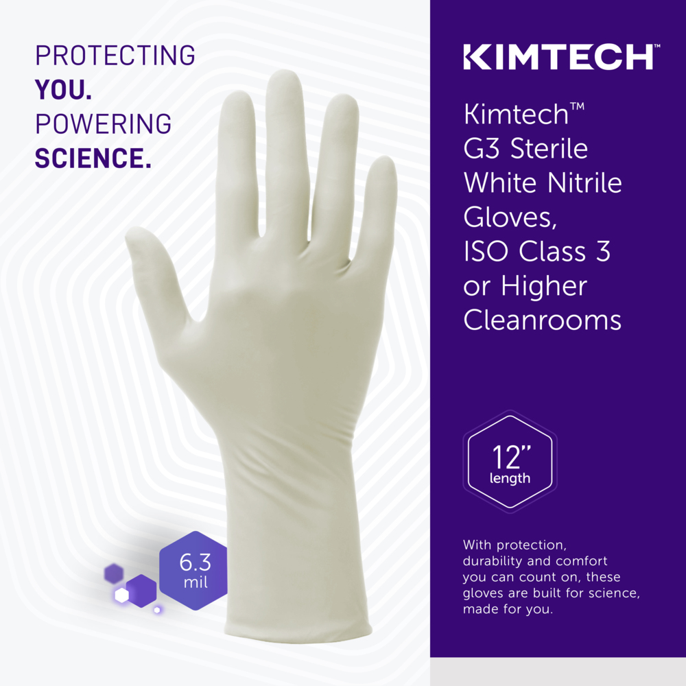 Kimtech™ G3 Sterile White Nitrile Gloves (56887), ISO Class 3 or Higher Cleanrooms, 6 Mil, Hand Specific, 12”, Size 10.0, 200 Pairs / Case, 10 Bags of 20 Pairs - 56887
