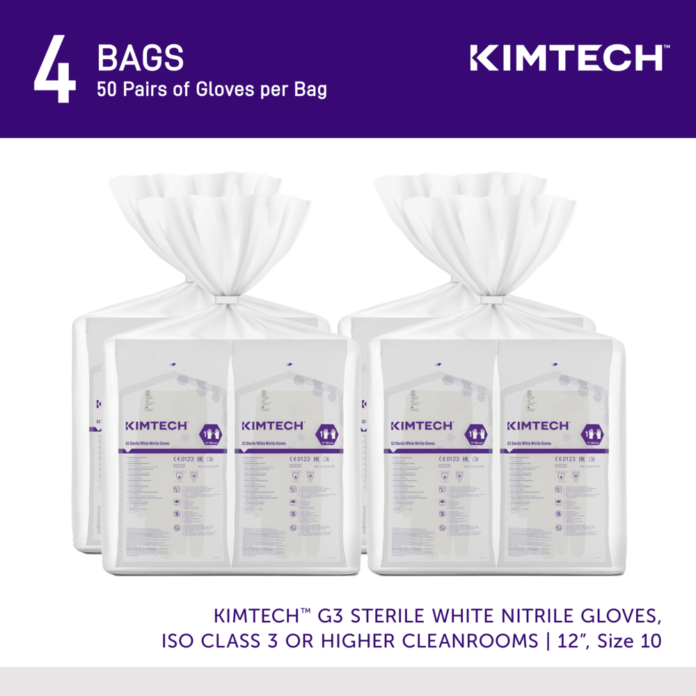 Kimtech™ G3 Sterile White Nitrile Gloves (56887), ISO Class 3 or Higher Cleanrooms, 6 Mil, Hand Specific, 12”, Size 10.0, 200 Pairs / Case, 10 Bags of 20 Pairs - 56887