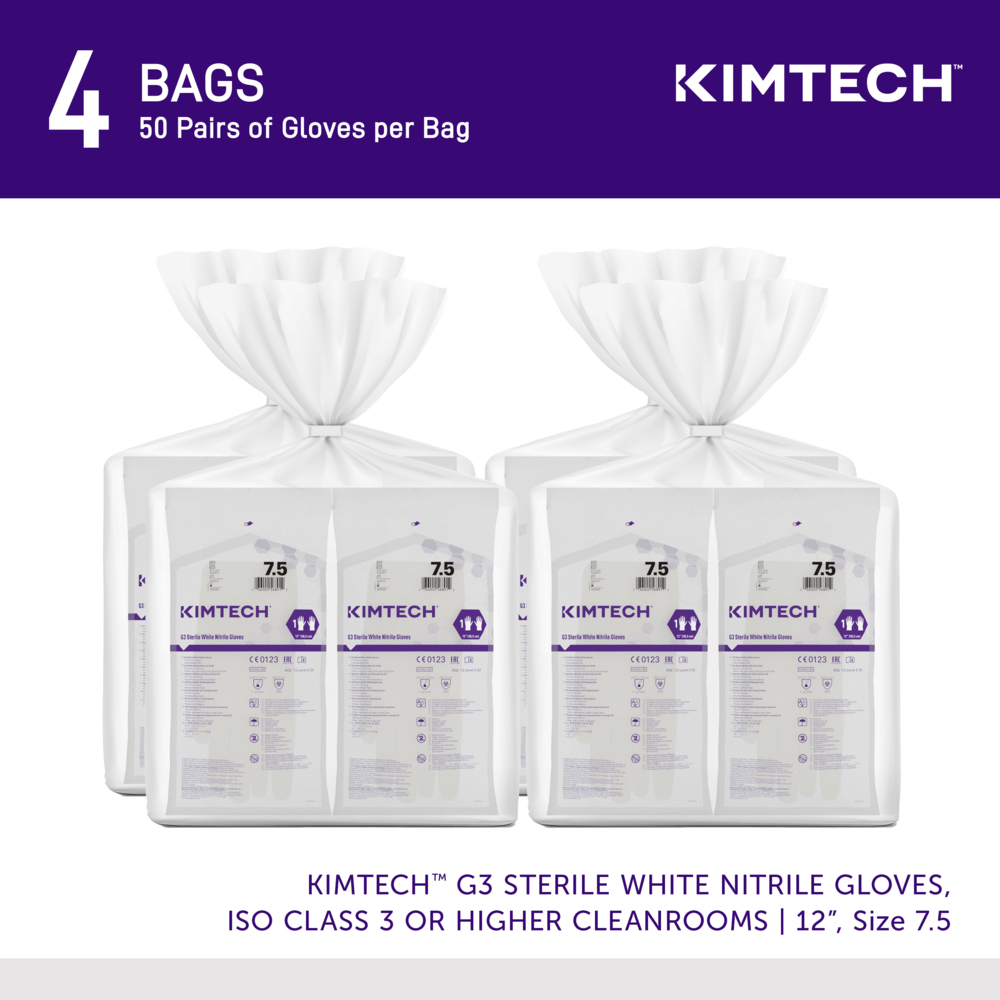 Kimtech™ G3 Sterile White Nitrile Gloves (56891), ISO Class 3 or Higher Cleanrooms, 6 Mil, Hand Specific, 12”, Size 7.5, 200 Pairs / Case, 10 Bags of 20 Pairs - 56891