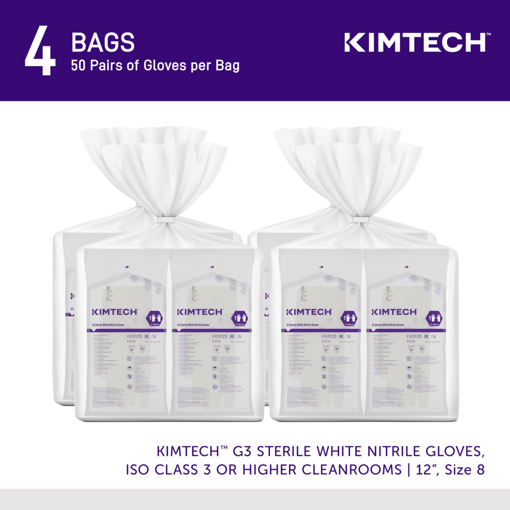 Kimtech™ G3 Sterile White Nitrile Gloves (56892), ISO Class 3 or Higher Cleanrooms, 6 Mil, Hand Specific, 12”, Size 8.0, 200 Pairs / Case, 10 Bags of 20 Pairs - 56892