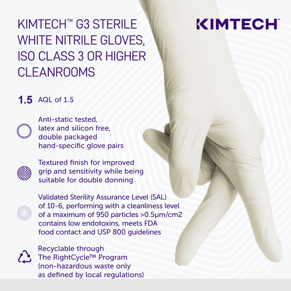 Kimtech™ G3 Sterile White Nitrile Gloves (56892), ISO Class 3 or Higher Cleanrooms, 6 Mil, Hand Specific, 12”, Size 8.0, 200 Pairs / Case, 10 Bags of 20 Pairs - 56892