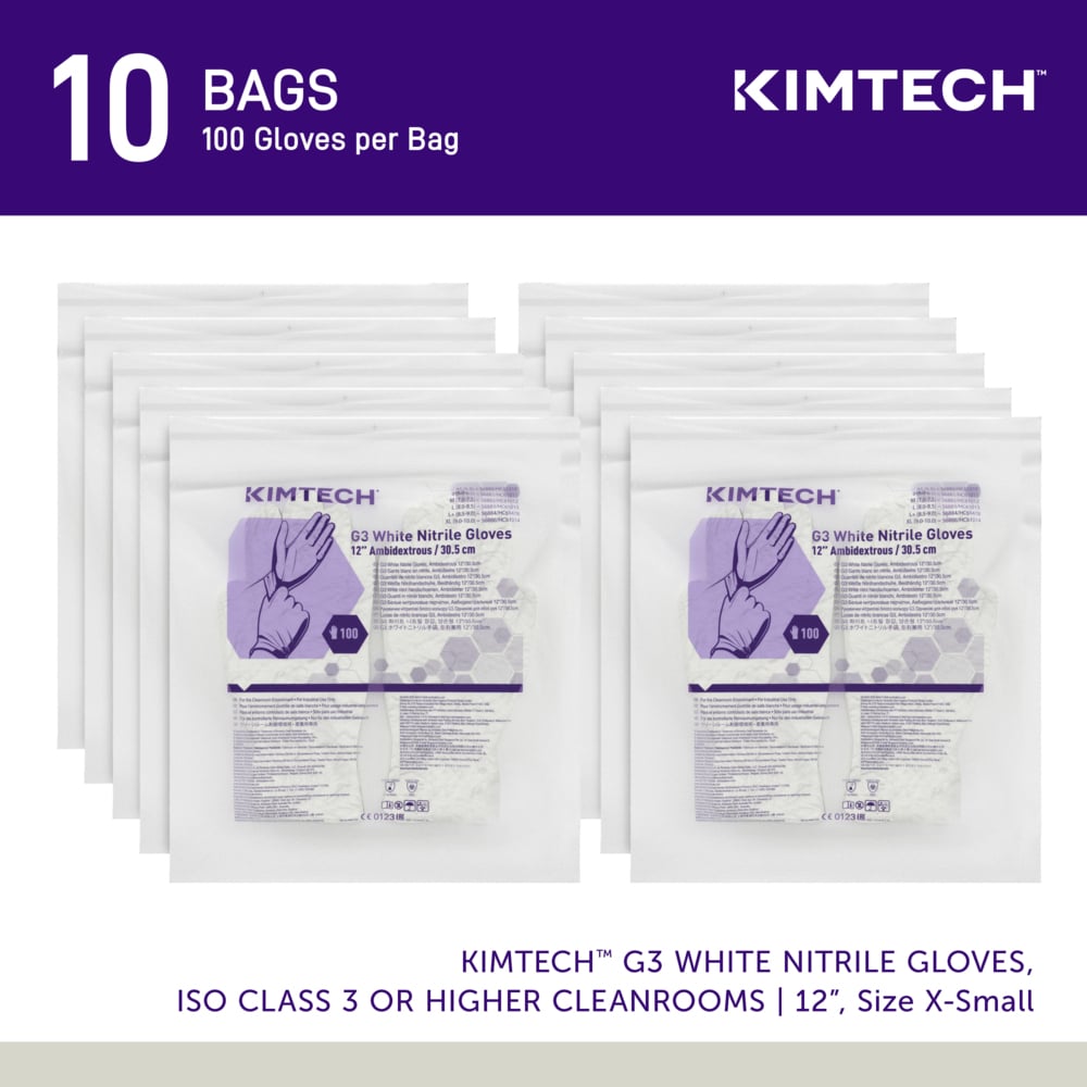 Kimtech™ G3 NXT™ Nitrile Gloves (62990), 6.3 Mil, Ambidextrous, 12", ISO Class 3 or Higher Cleanrooms, Double Bagged, XS (100 Gloves/Bag, 10 Bags/Case, 1,000 Gloves/Case) - 62990
