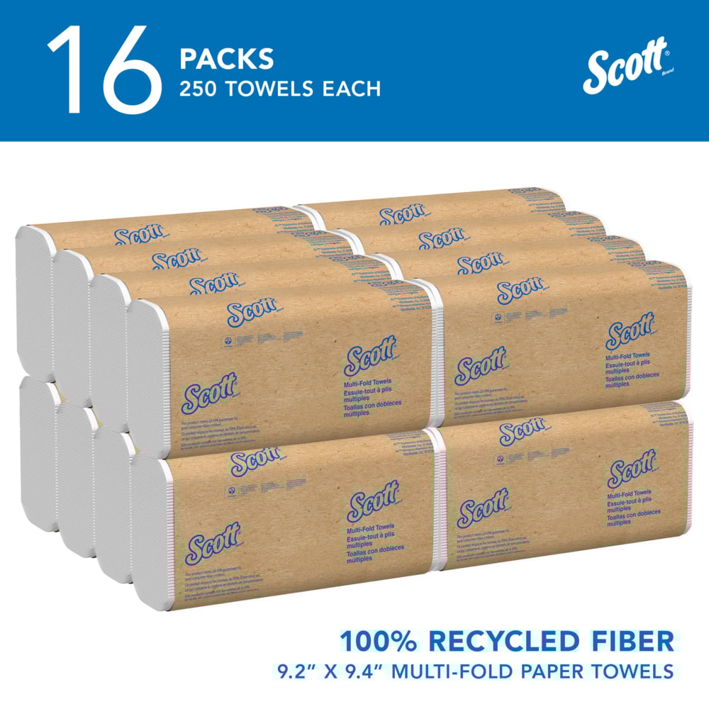 Scott® 100% Recycled Fiber Multifold Paper Towels (01807), with Absorbency Pockets™, 9.2" x 9.4" sheets, White, Compressed Rolls, Compact Case for Easy Storage, (250 Sheets/Pack, 16 Packs/Case, 4,000 Sheets/Case) - 01807
