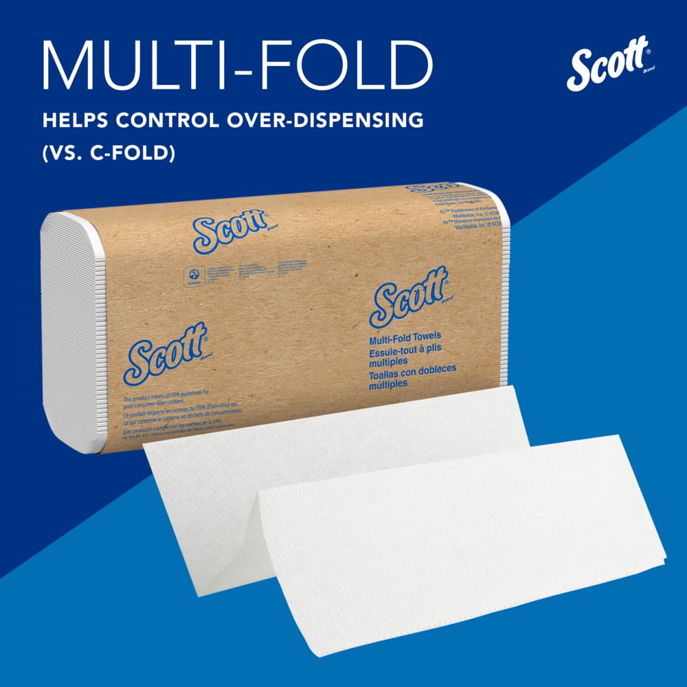 Scott® 100% Recycled Fiber Multifold Paper Towels (01807), with Absorbency Pockets™, 9.2" x 9.4" sheets, White, Compact Case for Easy Storage, (250 Sheets/Pack, 16 Packs/Case, 4,000 Sheets/Case) - 01807