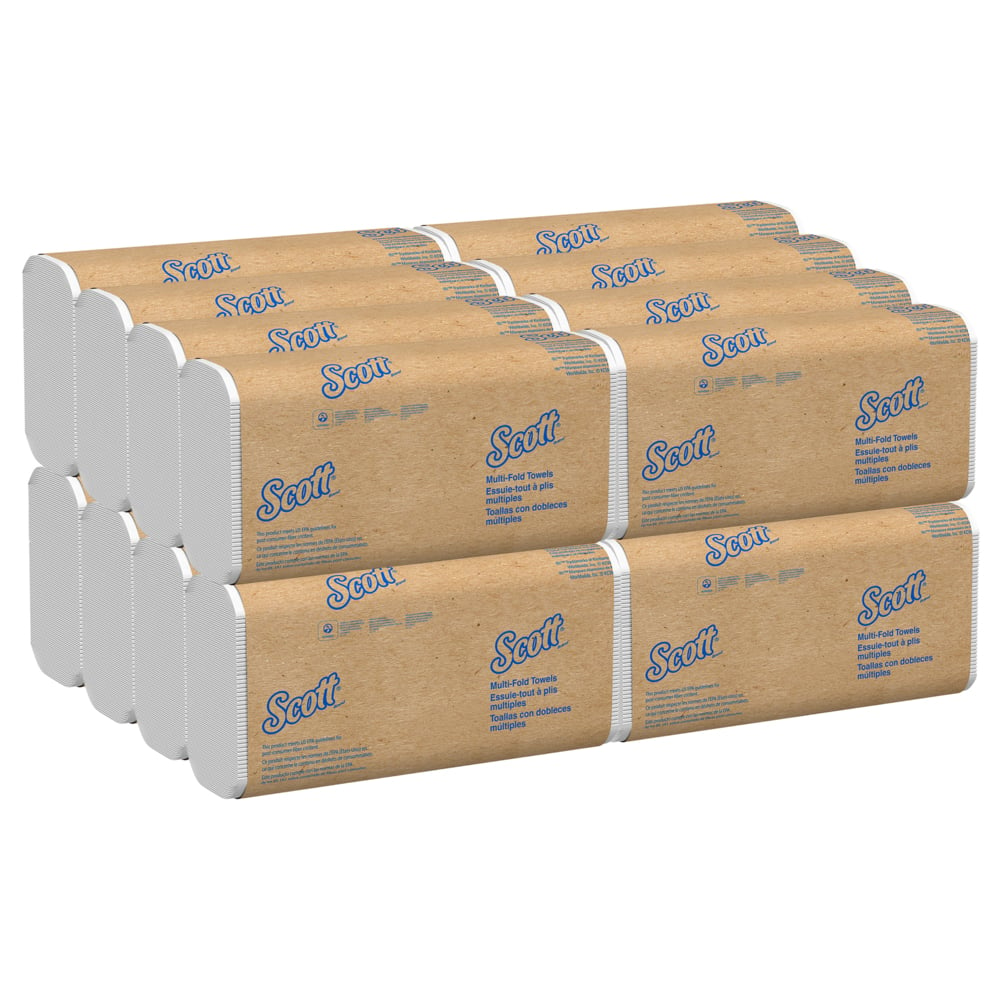 Essuie-mains à plis multiples Scott® (01880), pochettes d’air, faible résistance à l’état humide, 7 po x 9,25 po, blancs, 255 feuilles/paquet, 16 paquets/caisse, 4 080 essuie-mains/caisse - 01880