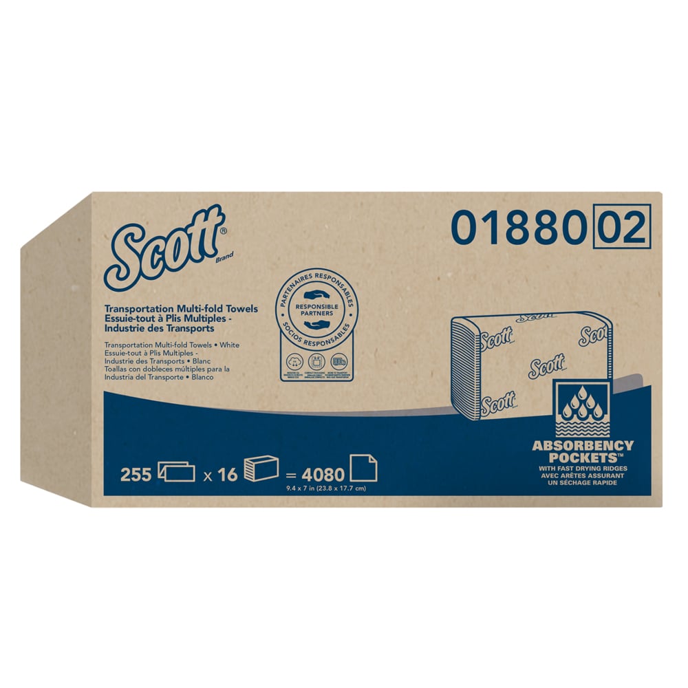 Essuie-mains à plis multiples Scott® (01880), pochettes d’air, faible résistance à l’état humide, 7 po x 9,25 po, blancs, 255 feuilles/paquet, 16 paquets/caisse, 4 080 essuie-mains/caisse - 01880