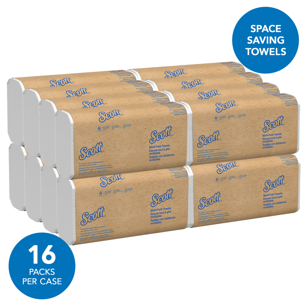 Scott® Multifold Paper Towels (01880), with Absorbency Pockets™, Low Wet Strength, Compressed Pack, White, (16 Packs/Case, 255 Sheets/Pack, 4,080 Sheets/Case) - 01880