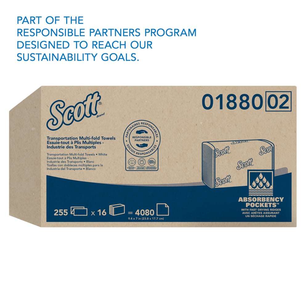 Scott® Multifold Paper Towels (01880), with Absorbency Pockets™, Low Wet Strength, White, (16 Packs/Case, 255 Sheets/Pack, 4,080 Sheets/Case) - 01880