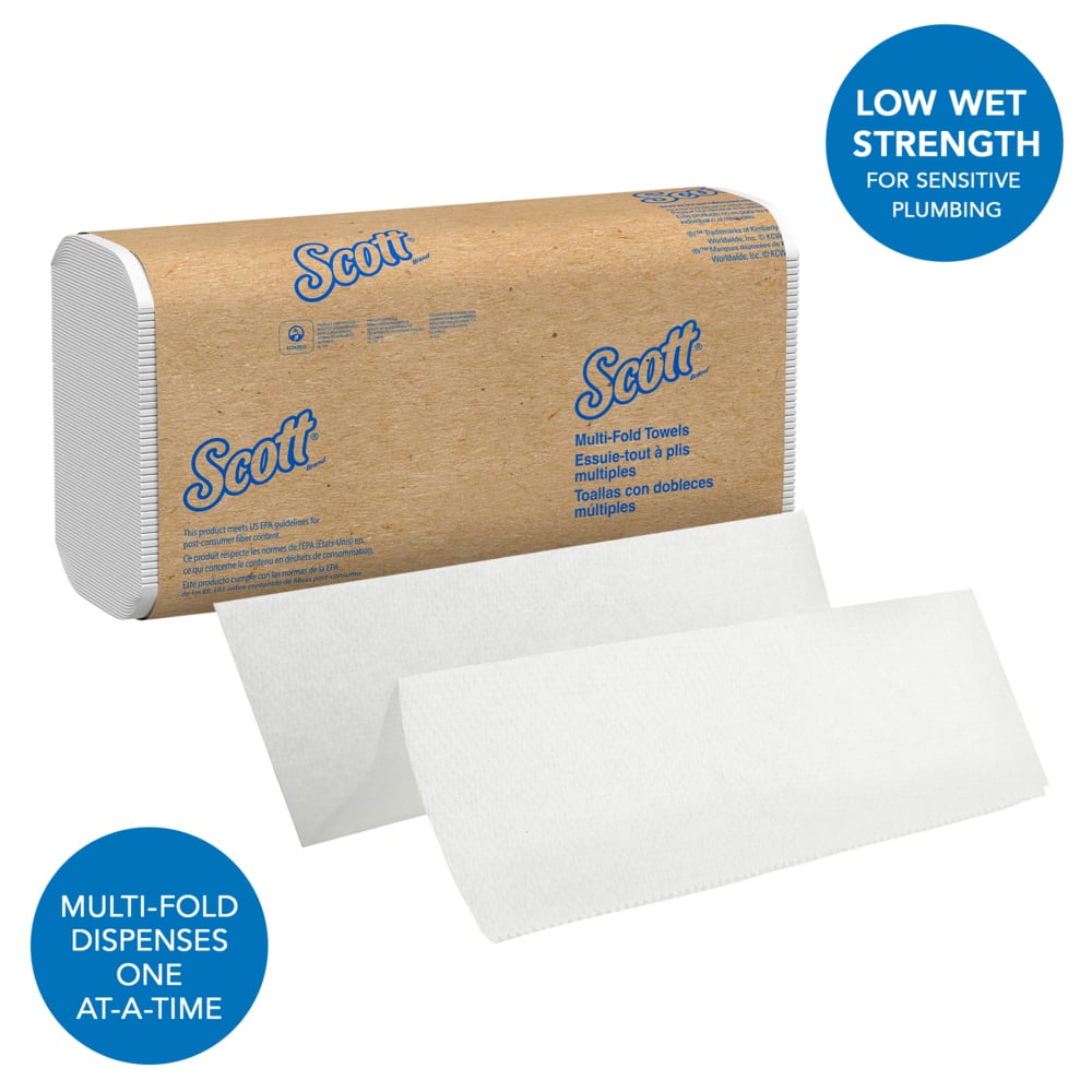 Scott® Multifold Paper Towels (01880), with Absorbency Pockets™, Low Wet Strength, White, (16 Packs/Case, 255 Sheets/Pack, 4,080 Sheets/Case) - 01880