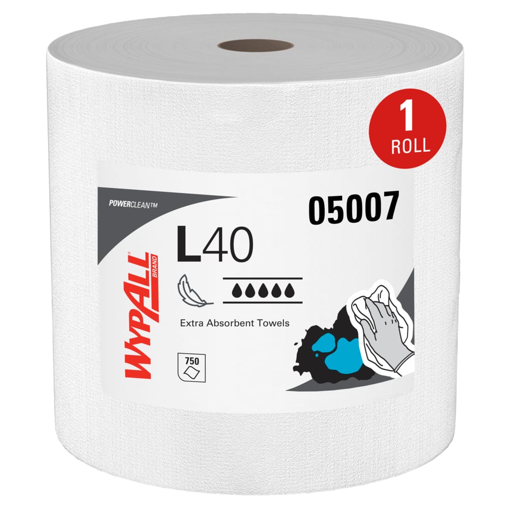 Essuie-mains très absorbants WypAll® PowerClean™ L40 (05007), rouleau géant, chiffon à usage limité, blancs (750 feuilles/rouleau, 1 rouleau/caisse, 750 feuilles/caisse);Lingettes extra absorbantes WypAll® L40 Power Clean (05007), lingettes à usage limité, blanches, 1 rouleau géant par caisse, 750 feuilles par rouleau - 05007