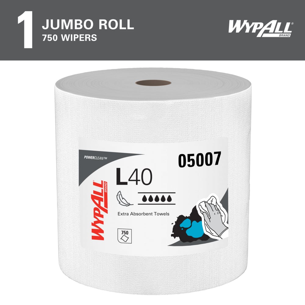 WypAll® PowerClean™ L40 Extra Absorbent Towels (05007), Jumbo Roll, Limited Use Towels, White (750 Sheets/Roll, 1 Roll/Case, 750 Sheets/Case) - 05007