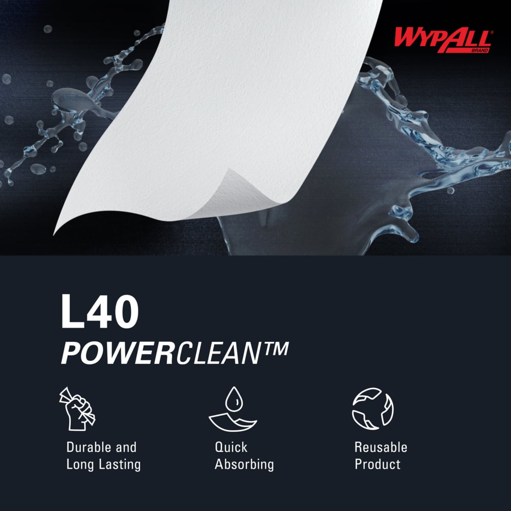 WypAll® PowerClean™ L40 Extra Absorbent Towels (05007), Jumbo Roll, Limited Use Towels, White (750 Sheets/Roll, 1 Roll/Case, 750 Sheets/Case) - 05007