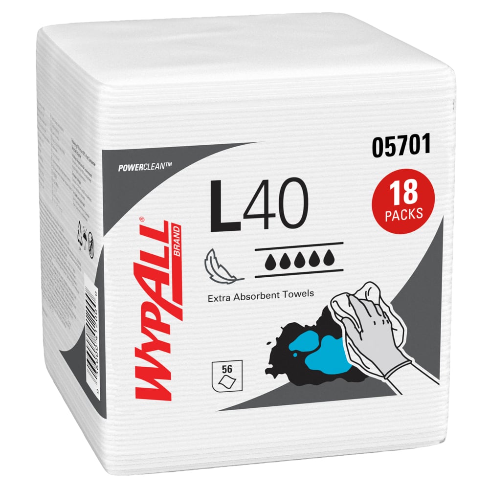 Essuie-mains très absorbants WypAll® PowerClean™ L40 (05701), pliés en quatre, chiffons à usage limité, blancs (56 feuilles/paquet, 18 paquets/caisse, 1 008 feuilles/caisse) - 05701