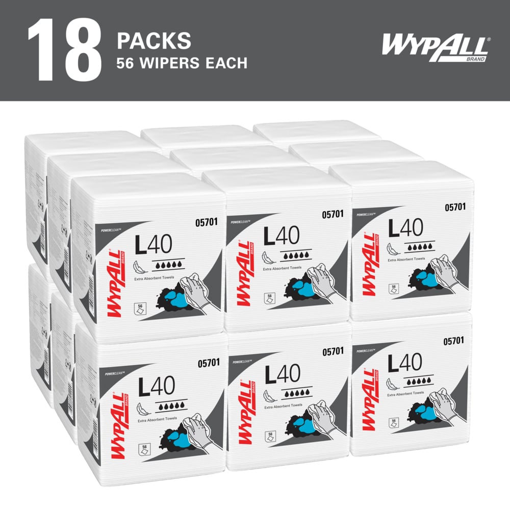 WypAll® PowerClean™ L40 Extra Absorbent Towels (05701), Quarterfold, Limited Use Towels, White (56 Sheets/Pack, 18 Packs/Case, 1,008 Sheets/Case) - 05701