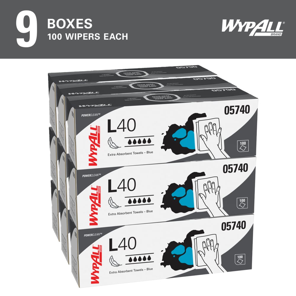 WypAll® PowerClean™ L40 Extra Absorbent Towels (05740), Pop-Up Box, Limited Use Towels, Blue (100 Sheets/Box, 9 Boxes/Case, 900 Sheets/Case) - 05740