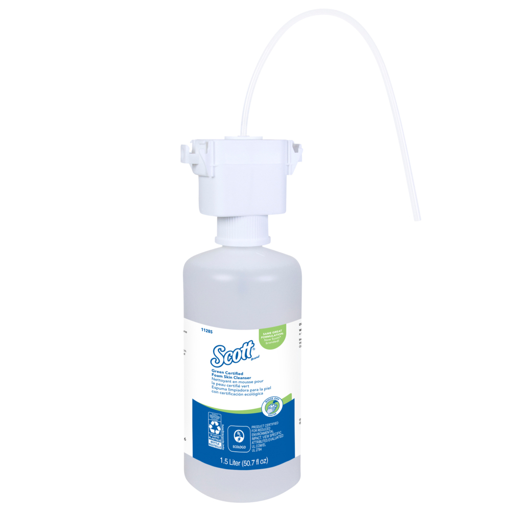 Savon moussant pour les mains Scott® certifié écologique (11285); recharge de savon pour les mains de 1,5 L transparent et inodore à installer sous le comptoir pour les distributrices automatique de comptoir Kimberly-Clark Professional®, EcoLogo, certifié E1 par la NSF (2 bouteilles/caisse) - 11285